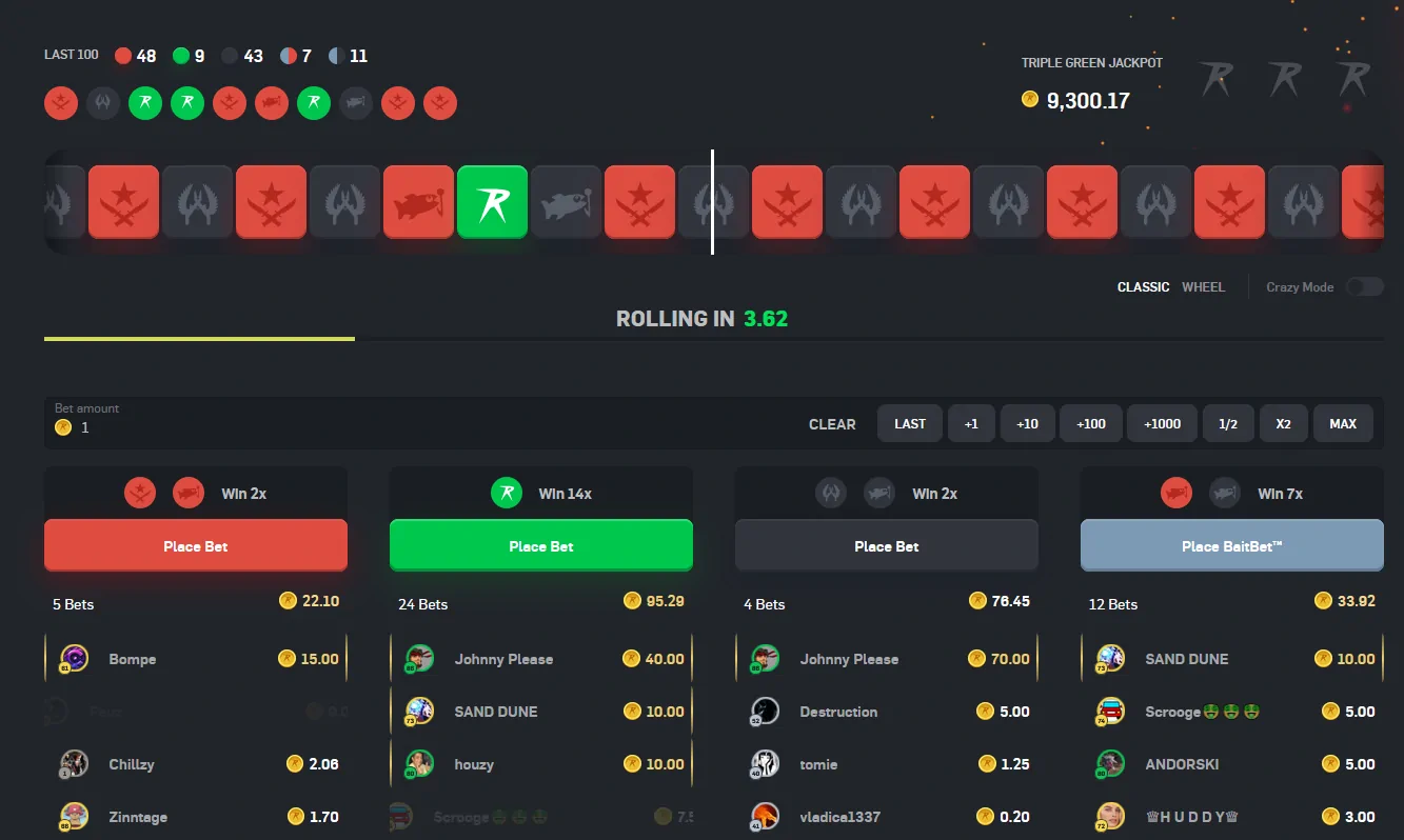 CS2 roulette overview from CSGORoll website